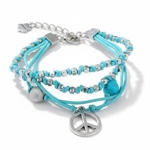 Silver Turquoise PEACE Charm Blue Stones Bracelet Hippie Boho Multi-strand